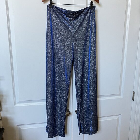 NWT Shasa Shiny Wide Leg Pants Womens L Pull On Blue Sparkling Rave Disco - Picture 2 of 13